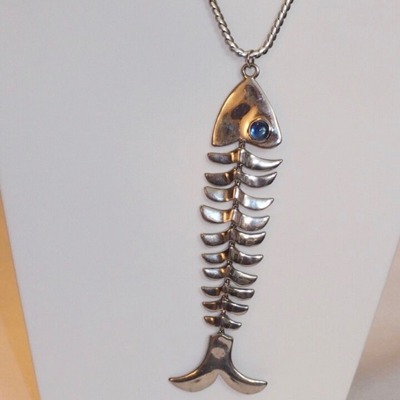 Linea By Louis Dell" Olio Silver Tone Blue Gold Stone Eyes Fish Necklace - Picture 1 of 6